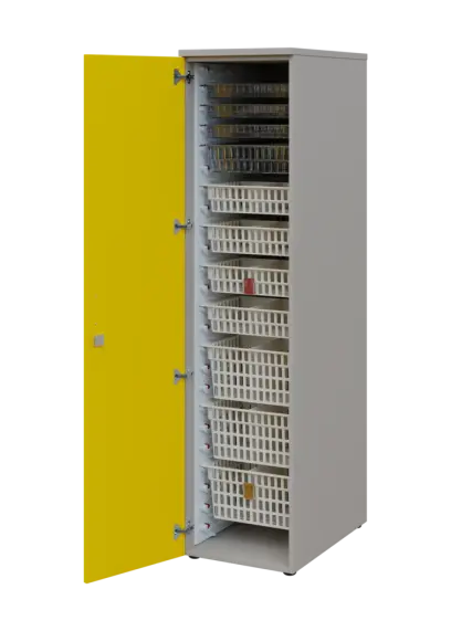 EUROMEDICA D - 46 skříň léková boxová, 1-dveřová, levá, 1950x460x735, korpus šedý, dvířka žlutá odio